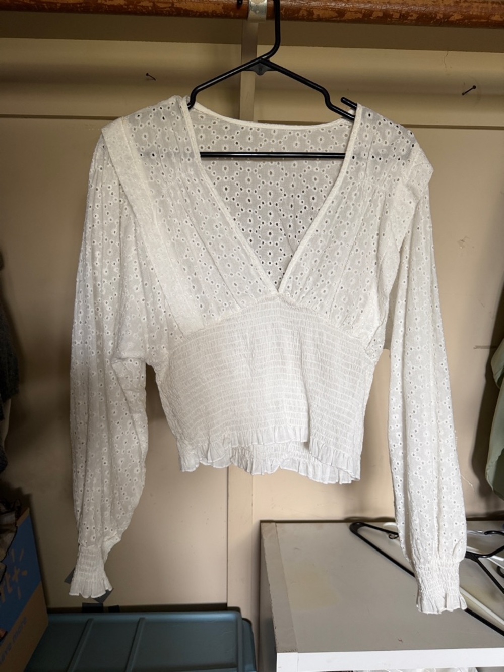 SHEIN White Eyelet V-Neck Smocked Waist Blouse
